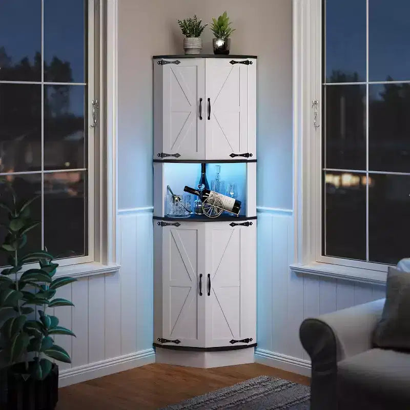 Garvee 64.6 Farmhouse Corner Cabinet - 4 Barn Doors & 5 Tier Shelves, Freestanding Bar Cabinet