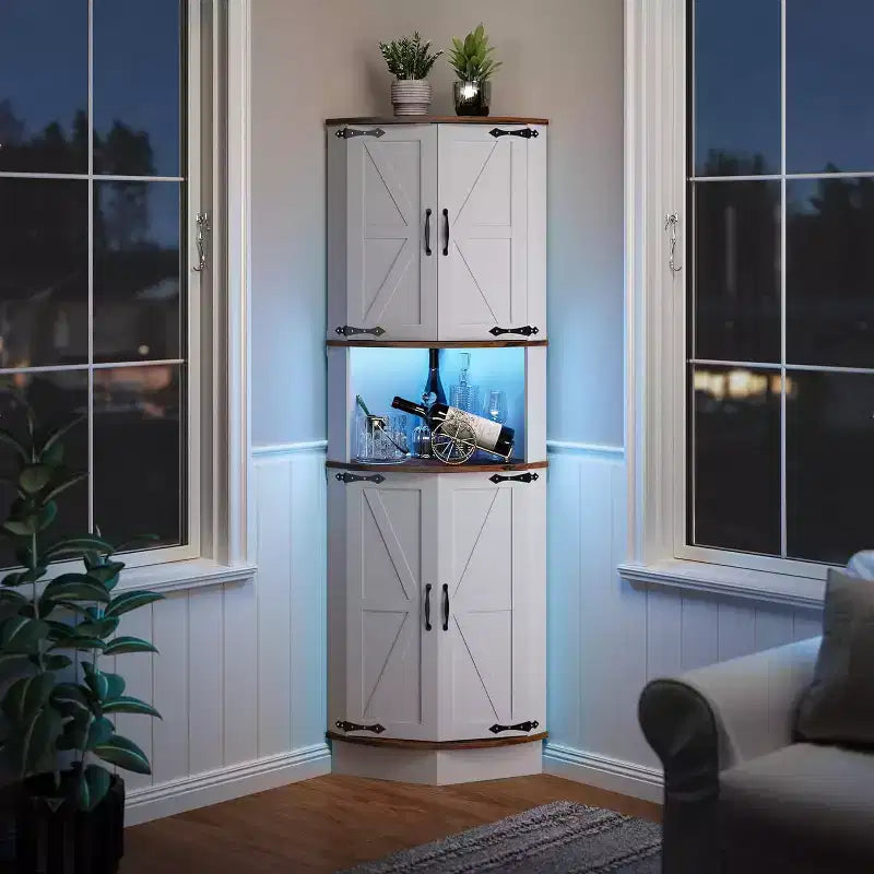 Garvee 64.6 Farmhouse Corner Cabinet - 4 Barn Doors & 5 Tier Shelves, Freestanding Bar Cabinet