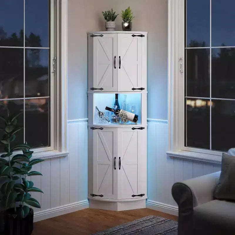 Garvee 64.6 Farmhouse Corner Cabinet - 4 Barn Doors & 5 Tier Shelves, Freestanding Bar Cabinet