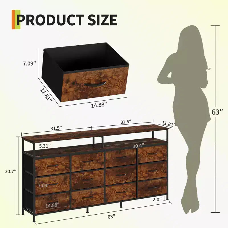 63 Long Dresser with 12 Drawers, TV Stand for 55/65/70 Inch TV, Fabric Dresser TV Stand for Bedroom Living Room, Chest of Drawers with Open Shelves