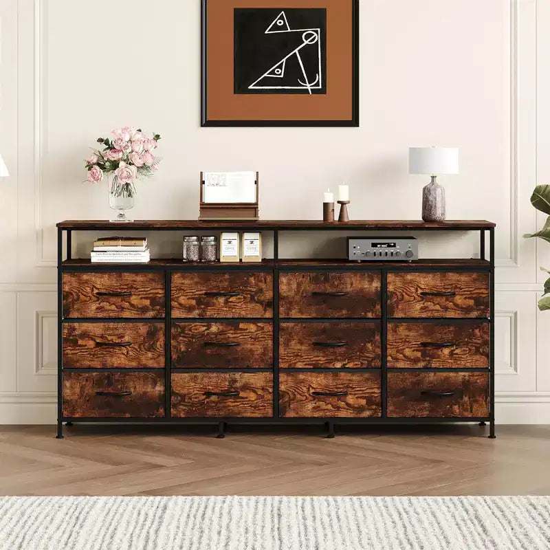 63 Long Dresser with 12 Drawers, TV Stand for 55/65/70 Inch TV, Fabric Dresser TV Stand for Bedroom Living Room, Chest of Drawers with Open Shelves