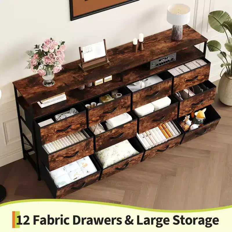 63 Long Dresser with 12 Drawers, TV Stand for 55/65/70 Inch TV, Fabric Dresser TV Stand for Bedroom Living Room, Chest of Drawers with Open Shelves