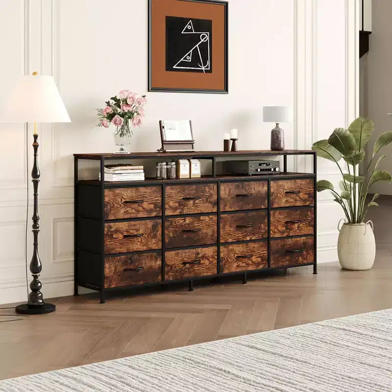 63 Long Dresser with 12 Drawers, TV Stand for 55/65/70 Inch TV, Fabric Dresser TV Stand for Bedroom Living Room, Chest of Drawers with Open Shelves