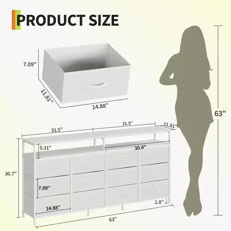 63 Long Dresser with 12 Drawers, TV Stand for 55/65/70 Inch TV, Fabric Dresser TV Stand for Bedroom Living Room, Chest of Drawers with Open Shelves