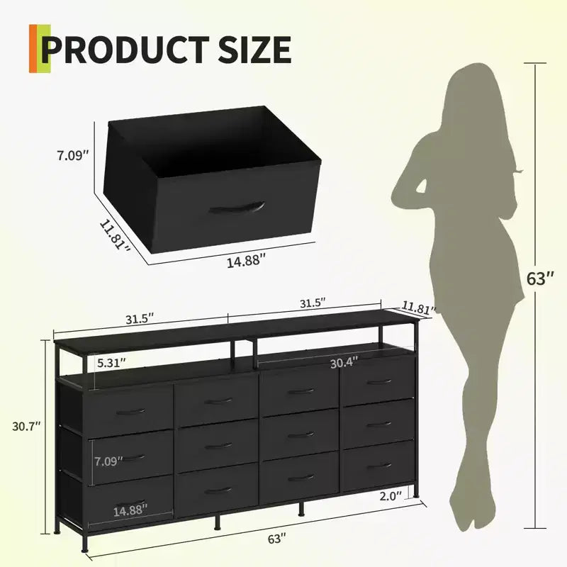63 Long Dresser with 12 Drawers, TV Stand for 55/65/70 Inch TV, Fabric Dresser TV Stand for Bedroom Living Room, Chest of Drawers with Open Shelves