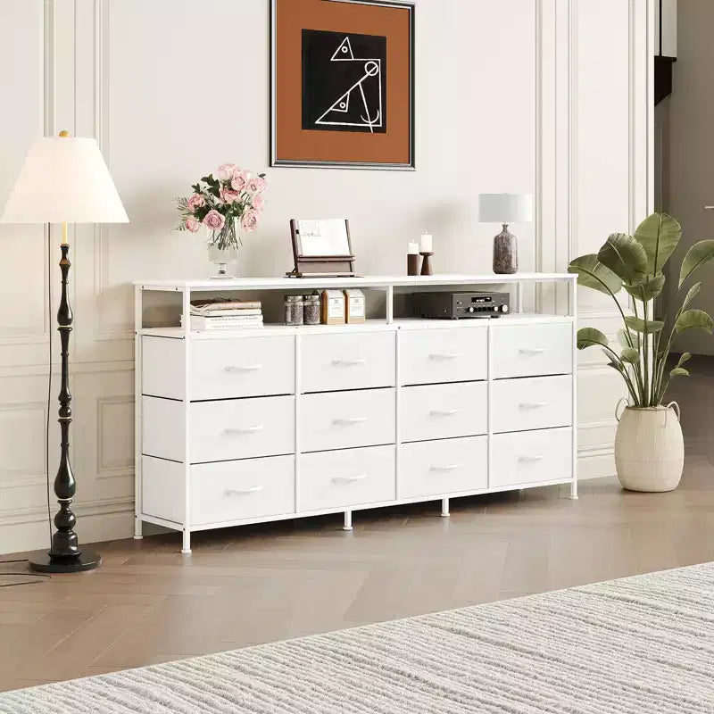 63 Long Dresser with 12 Drawers, TV Stand for 55/65/70 Inch TV, Fabric Dresser TV Stand for Bedroom Living Room, Chest of Drawers with Open Shelves
