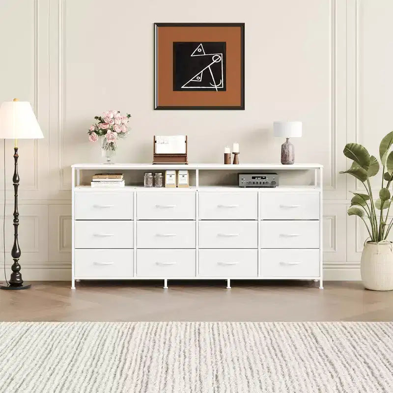 63 Long Dresser with 12 Drawers, TV Stand for 55/65/70 Inch TV, Fabric Dresser TV Stand for Bedroom Living Room, Chest of Drawers with Open Shelves