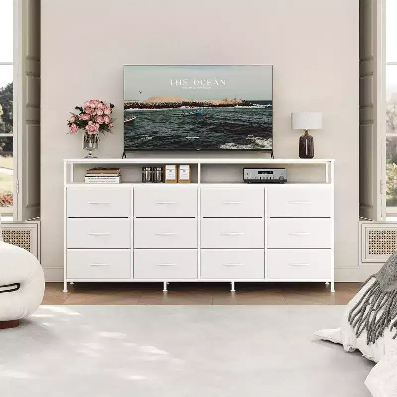 63 Long Dresser with 12 Drawers, TV Stand for 55/65/70 Inch TV, Fabric Dresser TV Stand for Bedroom Living Room, Chest of Drawers with Open Shelves