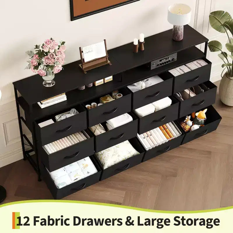 63 Long Dresser with 12 Drawers, TV Stand for 55/65/70 Inch TV, Fabric Dresser TV Stand for Bedroom Living Room, Chest of Drawers with Open Shelves