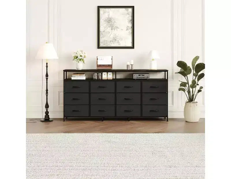 63 Long Dresser with 12 Drawers, TV Stand for 55/65/70 Inch TV, Fabric Dresser TV Stand for Bedroom Living Room, Chest of Drawers with Open Shelves