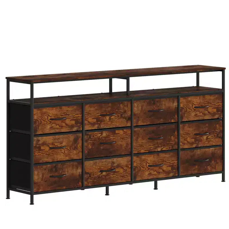 63 Long Dresser with 12 Drawers, TV Stand for 55/65/70 Inch TV, Fabric Dresser TV Stand for Bedroom Living Room, Chest of Drawers with Open Shelves