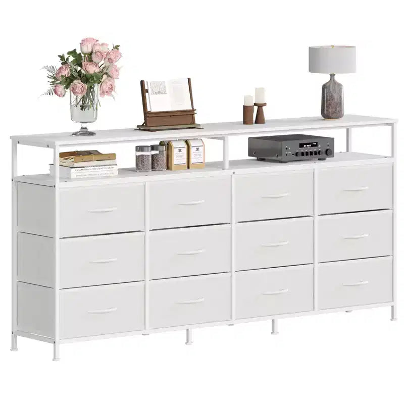 63 Long Dresser with 12 Drawers, TV Stand for 55/65/70 Inch TV, Fabric Dresser TV Stand for Bedroom Living Room, Chest of Drawers with Open Shelves