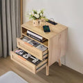 Rattan Nightstand with Built-In Charging Station Boho Bedside Table with 2 Drawers Open Shelf Solid Pine Wood Legs 2 AC and 3 USB Ports