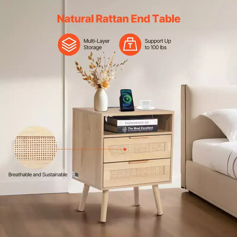 Rattan Nightstand with Built-In Charging Station Boho Bedside Table with 2 Drawers Open Shelf Solid Pine Wood Legs 2 AC and 3 USB Ports
