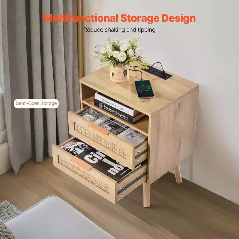 Rattan Nightstand with Built-In Charging Station Boho Bedside Table with 2 Drawers Open Shelf Solid Pine Wood Legs 2 AC and 3 USB Ports
