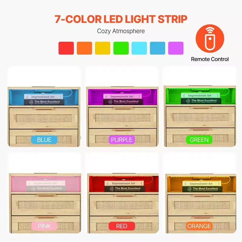 Rattan Nightstand with Built-In Charging Station Boho Bedside Table with 2 Drawers Open Shelf Solid Pine Wood Legs 2 AC and 3 USB Ports