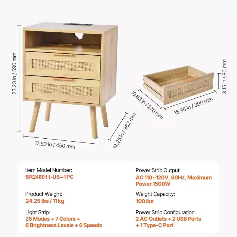 Rattan Nightstand with Built-In Charging Station Boho Bedside Table with 2 Drawers Open Shelf Solid Pine Wood Legs 2 AC and 3 USB Ports