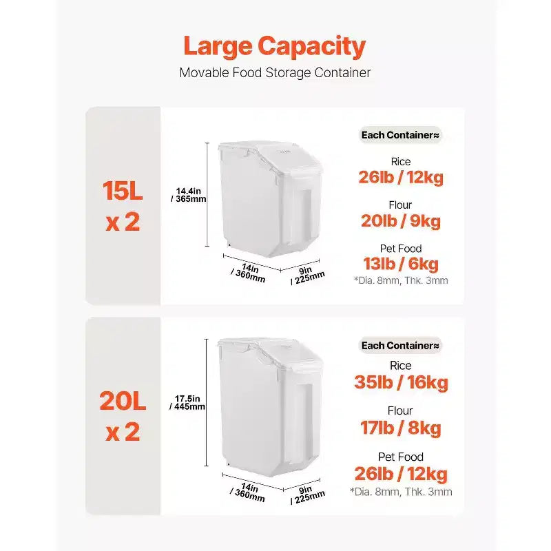 4-Pack Food Storage Containers with Airtight Lid, 4 Cups, Wheels for Rice, Pet Food, Grain, Kitchen Ingredients, White