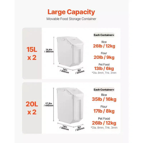 4-Pack Food Storage Containers with Airtight Lid, 4 Cups, Wheels for Rice, Pet Food, Grain, Kitchen Ingredients, White