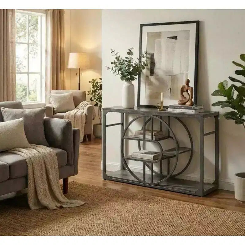 55 O-Shaped Metal Frame Console Table, Industrial Narrow Entryway Table with Storage, Rustic Sofa Table for Living Room Hallway Foyer