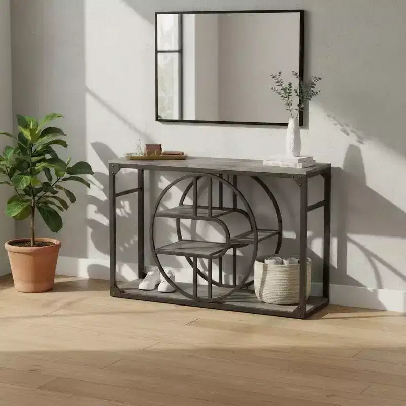 55 O-Shaped Metal Frame Console Table, Industrial Narrow Entryway Table with Storage, Rustic Sofa Table for Living Room Hallway Foyer