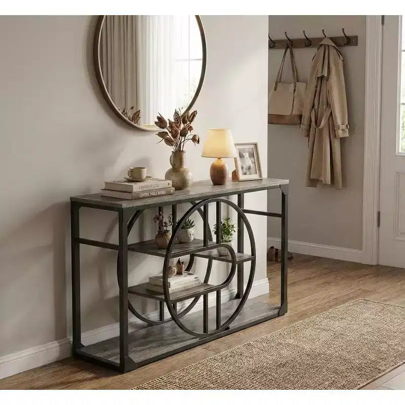55 O-Shaped Metal Frame Console Table, Industrial Narrow Entryway Table with Storage, Rustic Sofa Table for Living Room Hallway Foyer