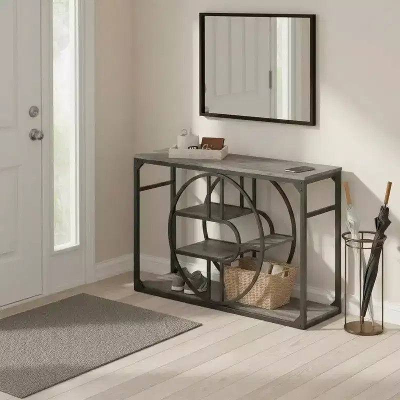 55 O-Shaped Metal Frame Console Table, Industrial Narrow Entryway Table with Storage, Rustic Sofa Table for Living Room Hallway Foyer