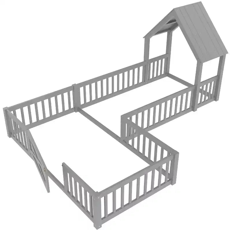 Twin/Full Size House Bed with Door and Guardrails, Double Twin Wood Platform Bed for Kids