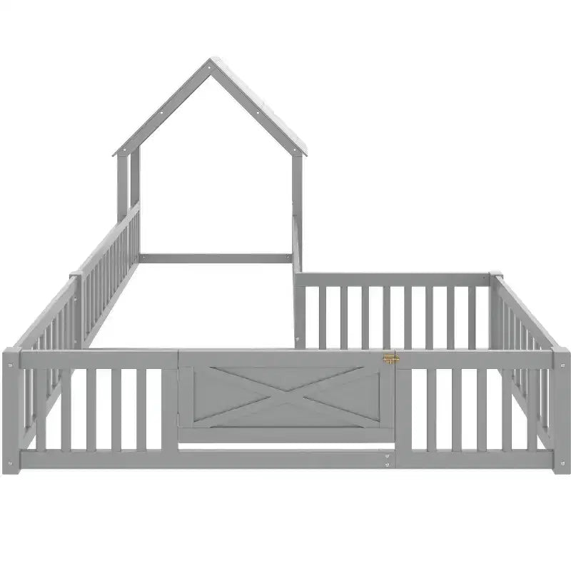 Twin/Full Size House Bed with Door and Guardrails, Double Twin Wood Platform Bed for Kids