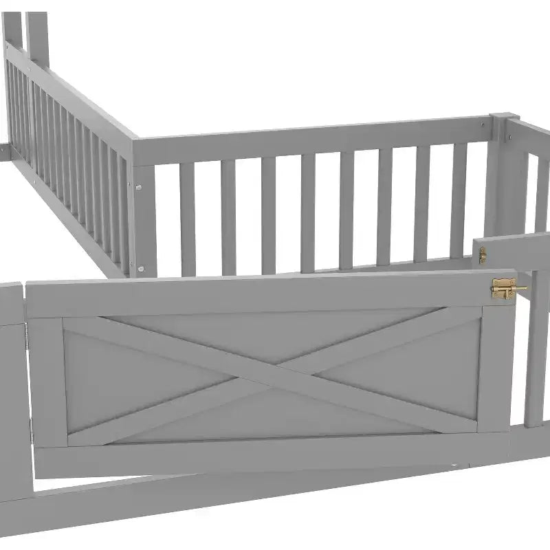 Twin/Full Size House Bed with Door and Guardrails, Double Twin Wood Platform Bed for Kids