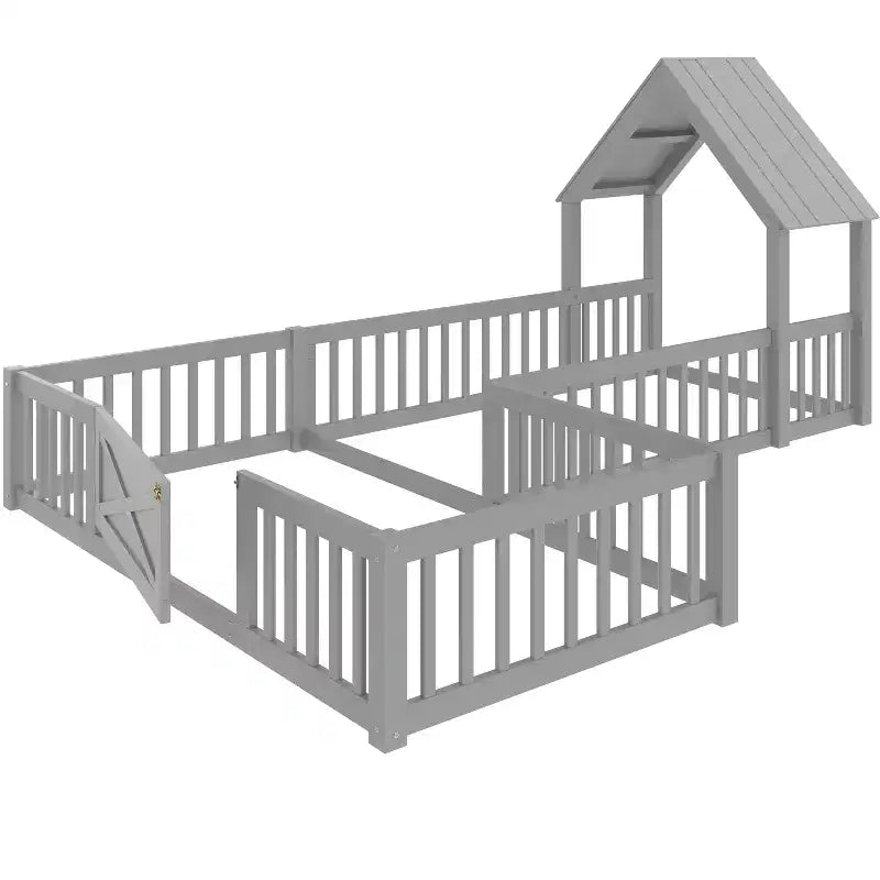 Twin/Full Size House Bed with Door and Guardrails, Double Twin Wood Platform Bed for Kids