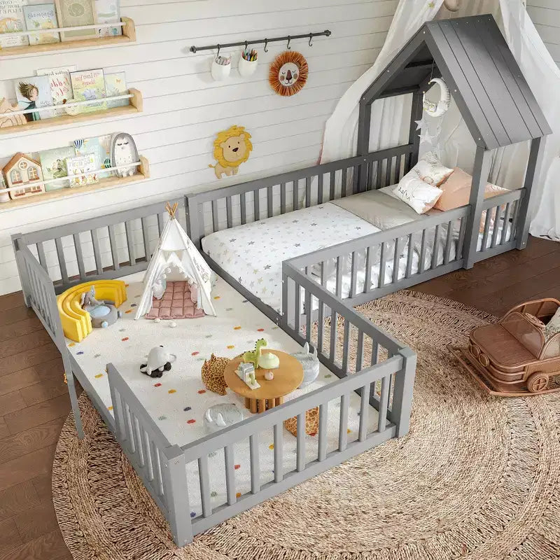 Twin/Full Size House Bed with Door and Guardrails, Double Twin Wood Platform Bed for Kids