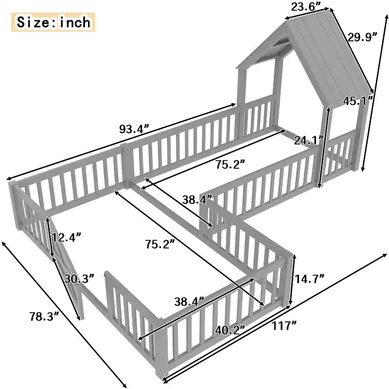 Twin/Full Size House Bed with Door and Guardrails, Double Twin Wood Platform Bed for Kids