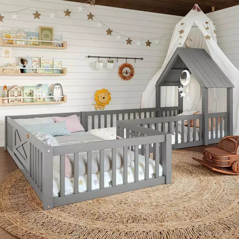 Twin/Full Size House Bed with Door and Guardrails, Double Twin Wood Platform Bed for Kids