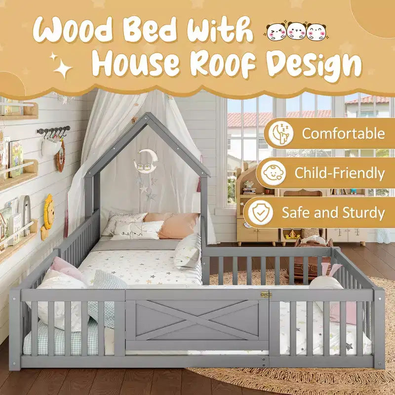 Twin/Full Size House Bed with Door and Guardrails, Double Twin Wood Platform Bed for Kids