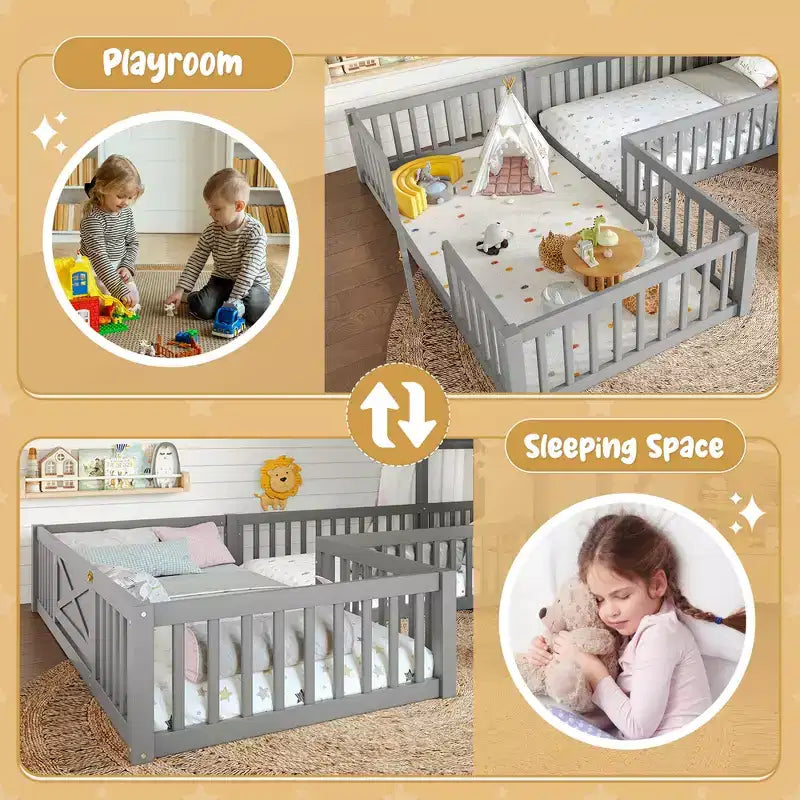 Twin/Full Size House Bed with Door and Guardrails, Double Twin Wood Platform Bed for Kids