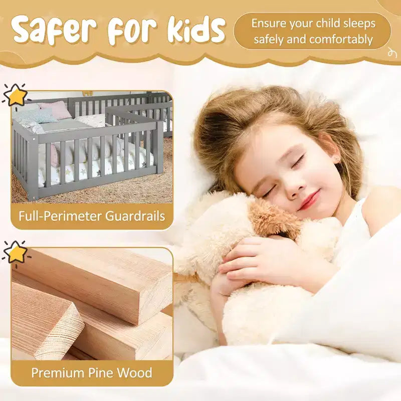 Twin/Full Size House Bed with Door and Guardrails, Double Twin Wood Platform Bed for Kids