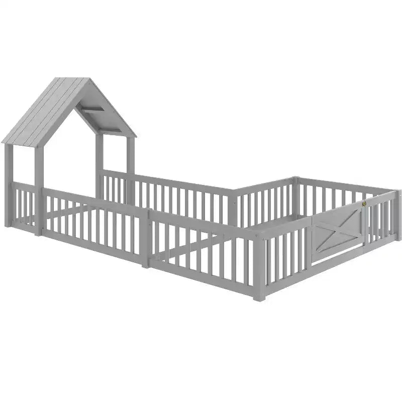 Twin/Full Size House Bed with Door and Guardrails, Double Twin Wood Platform Bed for Kids