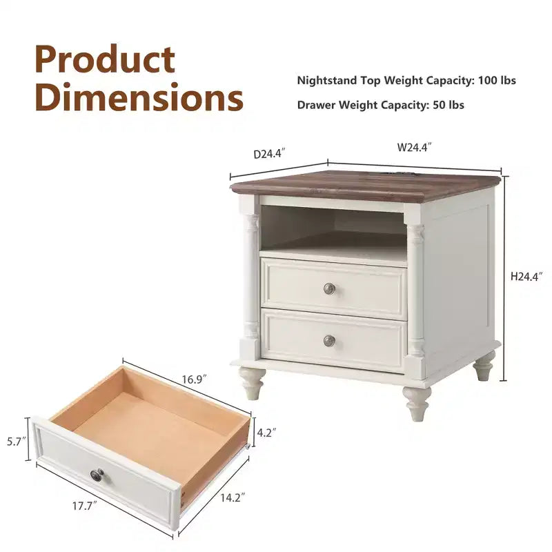 24 Farmhouse End Table with Charging Station, Square Nightstand with 4 Solid Wood Feet & 2 Drawers for Living Room, Bedroom