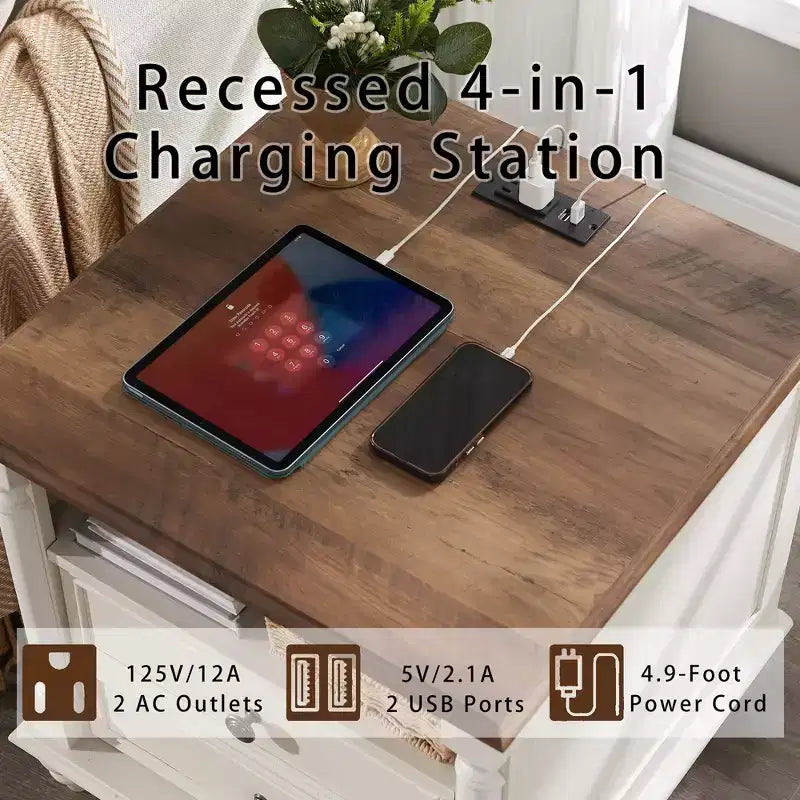 24 Farmhouse End Table with Charging Station, Square Nightstand with 4 Solid Wood Feet & 2 Drawers for Living Room, Bedroom