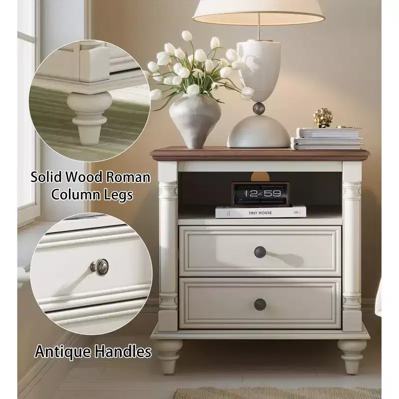 24 Farmhouse End Table with Charging Station, Square Nightstand with 4 Solid Wood Feet & 2 Drawers for Living Room, Bedroom