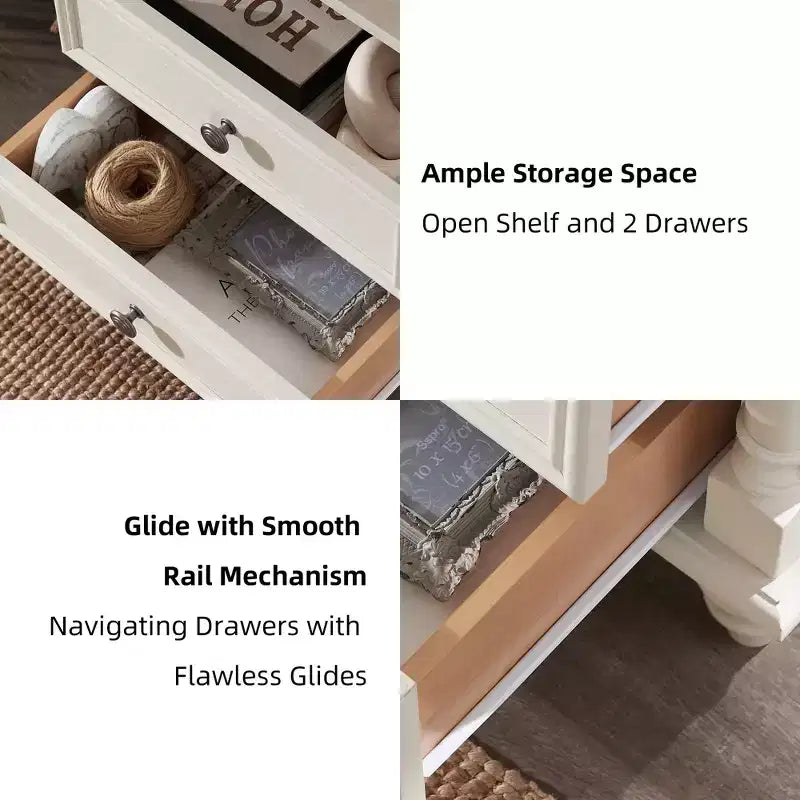 24 Farmhouse End Table with Charging Station, Square Nightstand with 4 Solid Wood Feet & 2 Drawers for Living Room, Bedroom