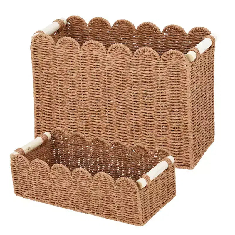 2-Pack Paper Rope Scalloped Edge Toilet Paper Storage Basket, with 2 Wooden Handle. Decor Baskets