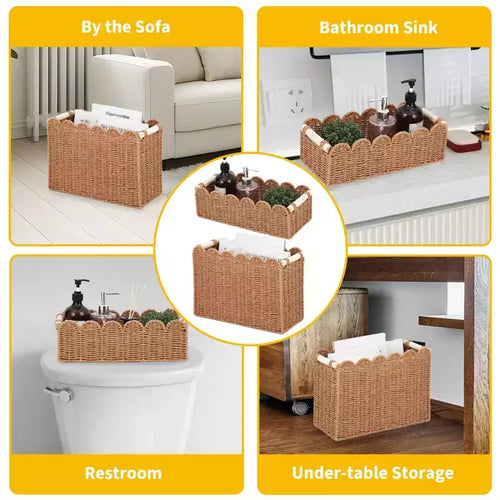 2-Pack Paper Rope Scalloped Edge Toilet Paper Storage Basket, with 2 Wooden Handle. Decor Baskets