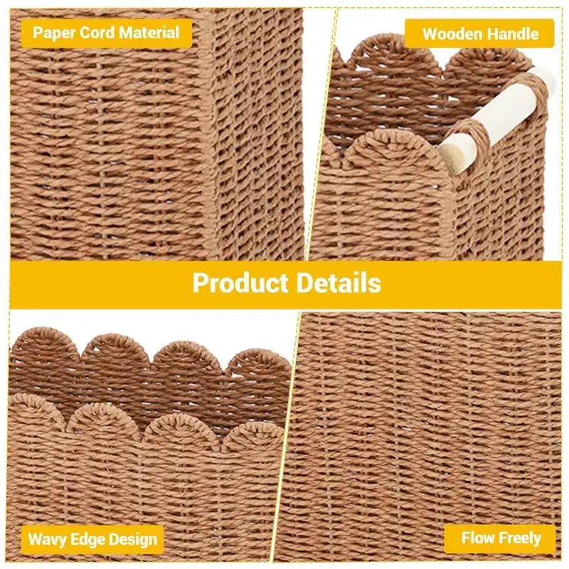 2-Pack Paper Rope Scalloped Edge Toilet Paper Storage Basket, with 2 Wooden Handle. Decor Baskets