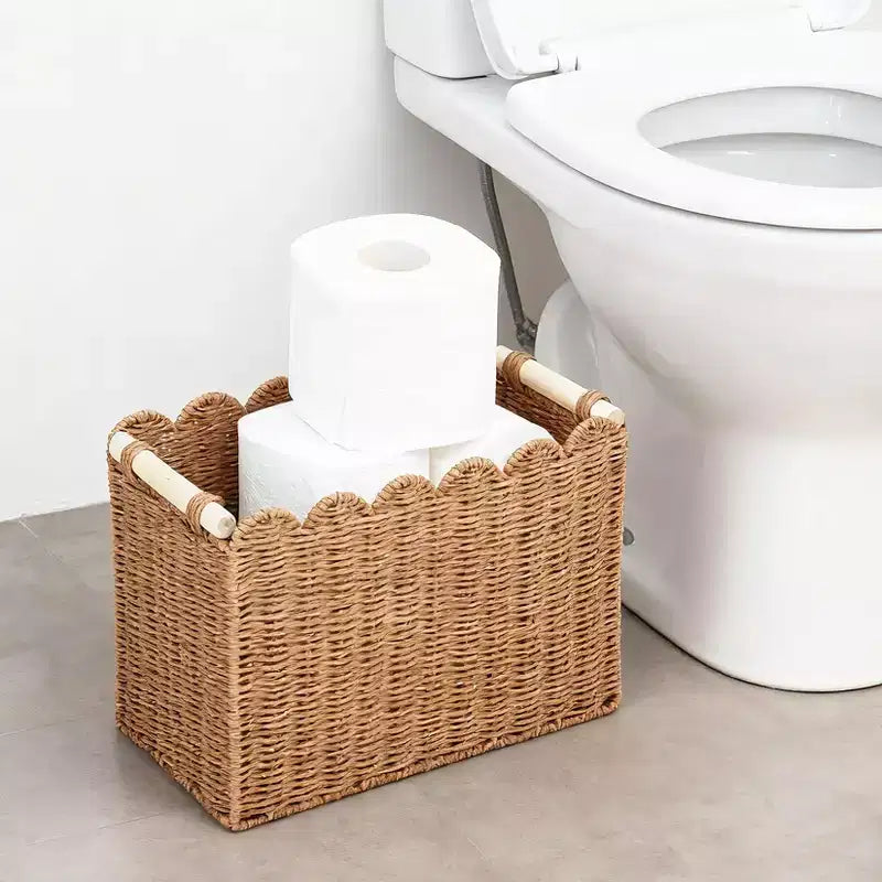 2-Pack Paper Rope Scalloped Edge Toilet Paper Storage Basket, with 2 Wooden Handle. Decor Baskets