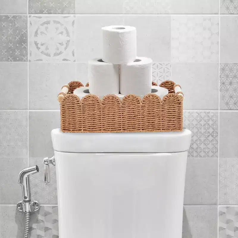 2-Pack Paper Rope Scalloped Edge Toilet Paper Storage Basket, with 2 Wooden Handle. Decor Baskets