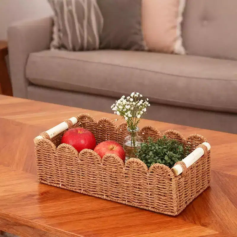 2-Pack Paper Rope Scalloped Edge Toilet Paper Storage Basket, with 2 Wooden Handle. Decor Baskets