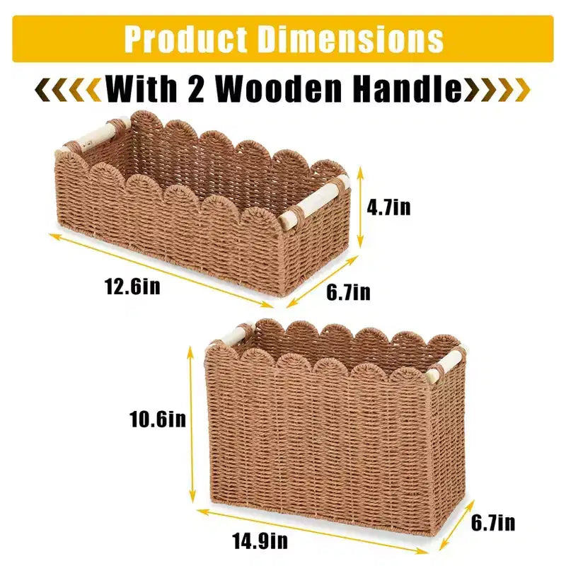 2-Pack Paper Rope Scalloped Edge Toilet Paper Storage Basket, with 2 Wooden Handle. Decor Baskets