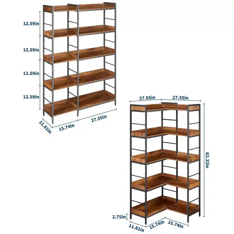 Bookshelf 5 Tier with 4 Hooks, Reversible Corner Bookshelf, 65 Industrial Wooden Bookcase with Open Shelves and Metal Frame for Living Room, Bedroom
